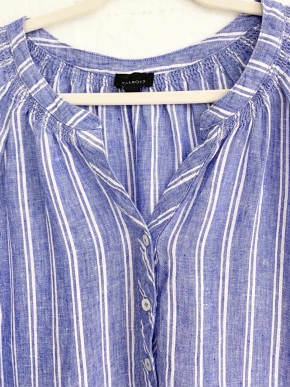 Talbots Lantern Sleeve Petal Stripe Linen Top Blue Sz M